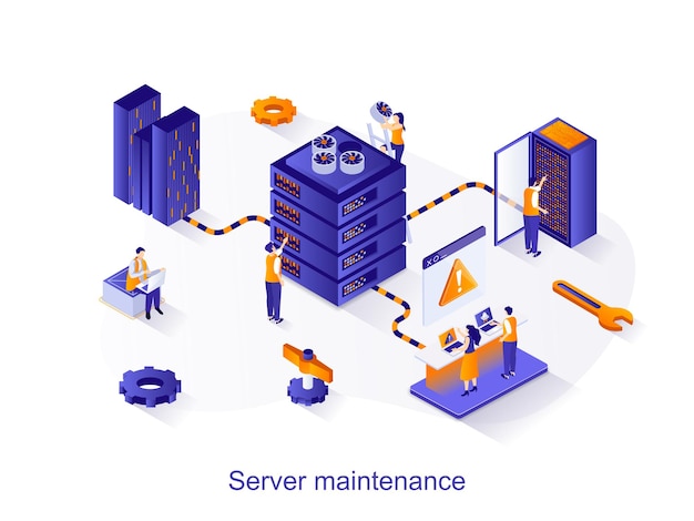 Conceito de web isométrica de manutenção de servidor Pessoas que trabalham na sala de hardware do rack do servidor