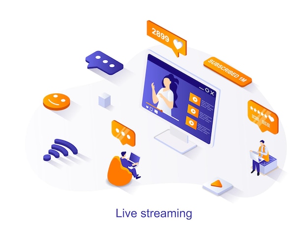Vetor conceito de web isométrica de streaming ao vivo pessoas assistindo filmes ou notícias de streaming de vídeo do blogger
