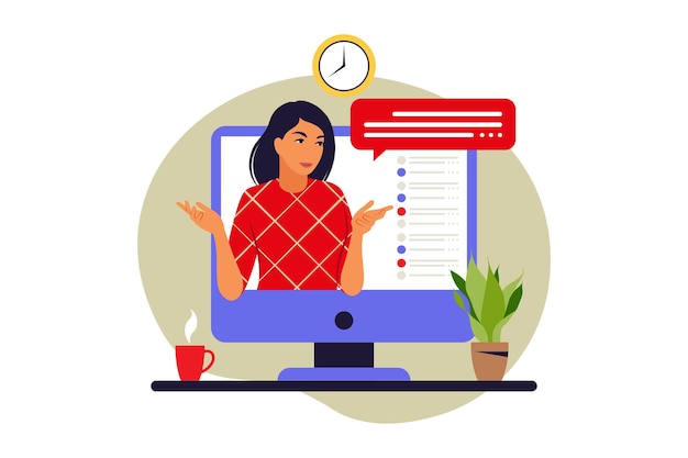 Conceito de webinar. Educação online. Videoconferência ou palestra. Ilustração vetorial. Plano