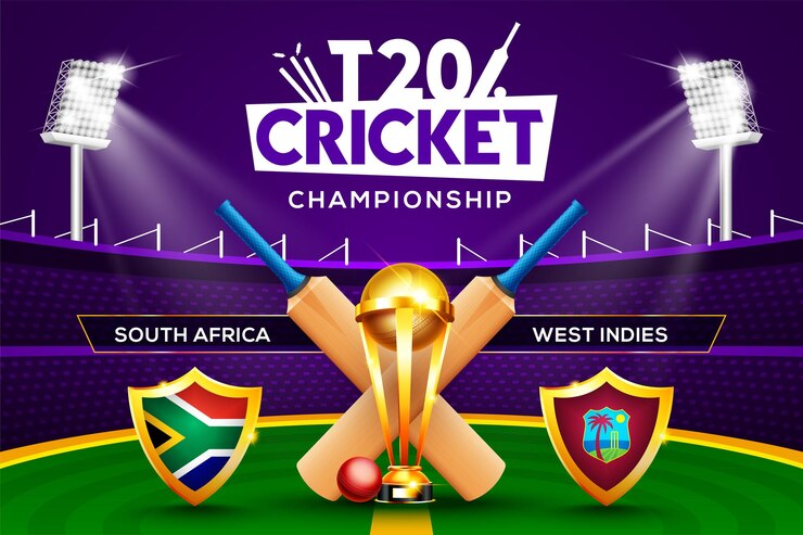 Conceito do campeonato de críquete T20 África do Sul vs Índias Ocidentais combinar cabeçalho ou banner com bola de críquete, bastão e troféu de vitória no fundo do estádio.