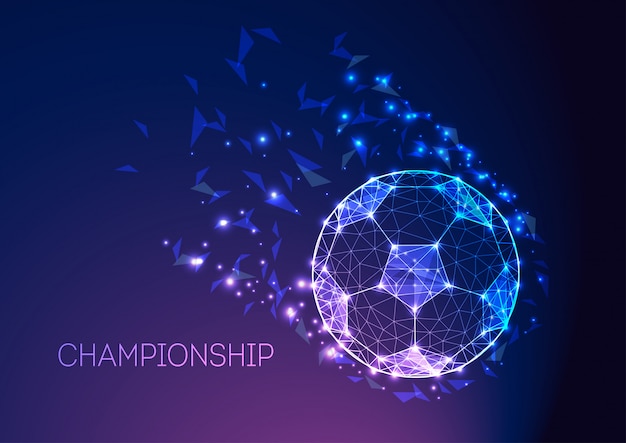 Conceito do campeonato do futebol com a bola de futebol futurista na obscuridade - inclinação roxo azul.