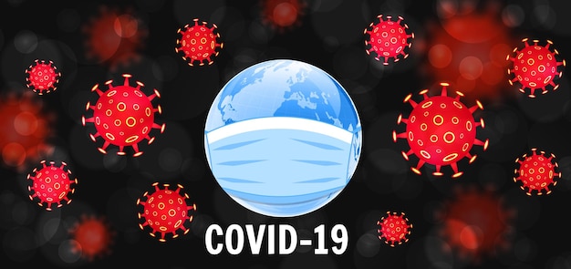 Vetor conceito do coronavirus covid-19. terra em uma máscara médica. surto perigoso de coronavírus chinês ncov. conceito médico pandêmico com células perigosas. ilustração vetorial