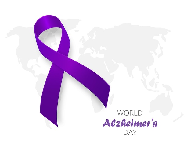 Vetor conceito do dia mundial de alzheimer. modelo de banner com fita roxa e ilustração vetorial de texto