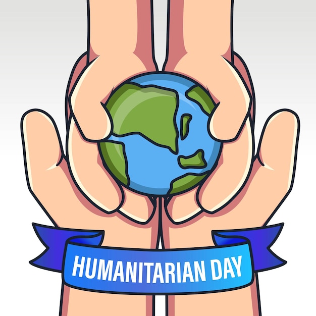 Conceito do Dia Mundial Humanitário Design mão segura ilustração de bola de terra Ajudando as pessoas a trabalharem juntas