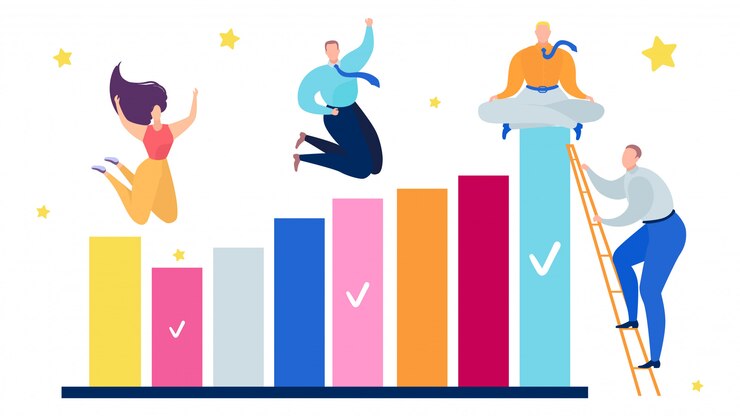 Conceito do sucesso do gráfico dos trabalhos de equipa do negócio dos povos, ilustração. O crescimento da equipe do homem de negócios e de mulher financia o gráfico da carta.