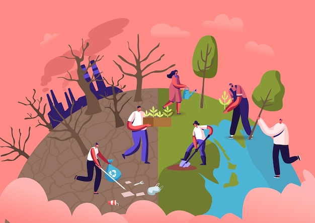 Conceito Eco de Reflorestamento e Revegetação. Personagens Recolhem Lixo, Plantar Mudas e Árvores no Solo no Jardim, Salvar o Mundo, Dia da Terra, Natureza e Ecologia. Ilustração em vetor desenho animado