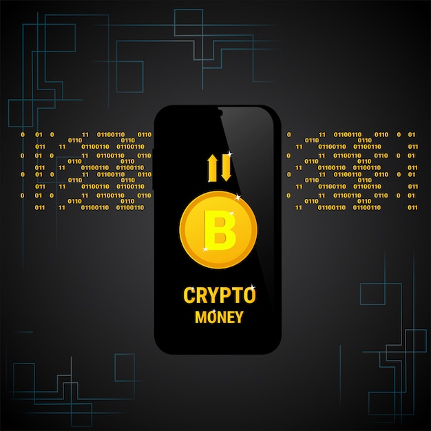 Conceito esperto do dinheiro da web de digitas do telefone da bandeira de bitcoin da moeda do cripto