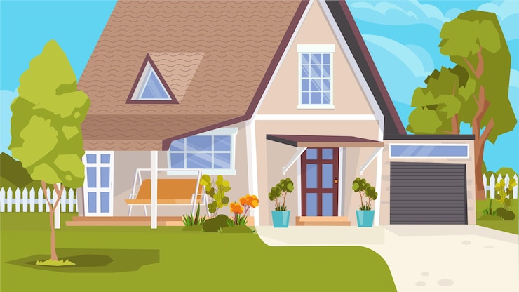 Vetor conceito exterior de construção de casa suburbana em design plano dos desenhos animados. moradia isolada com garagem, relvado verde e árvores. casa de campo em vila, propriedade rural. fundo horizontal da ilustração vetorial