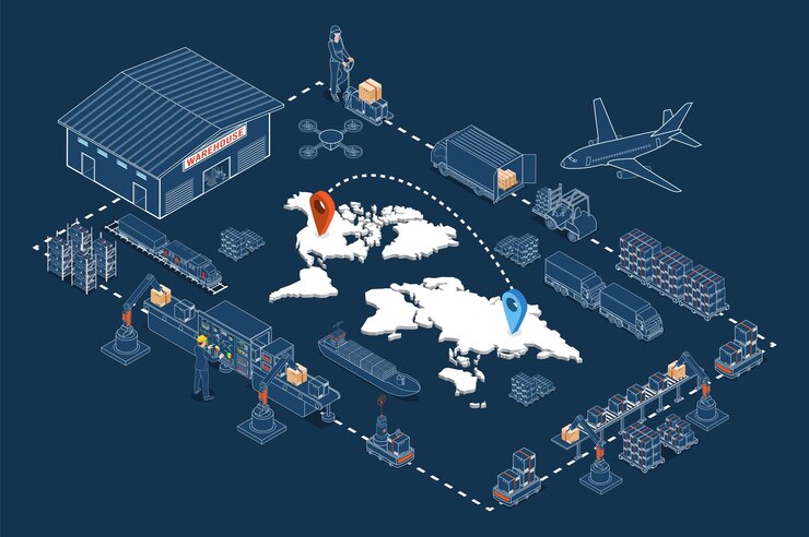 Vetor conceito global de logística com parceria industrial robôs autônomos