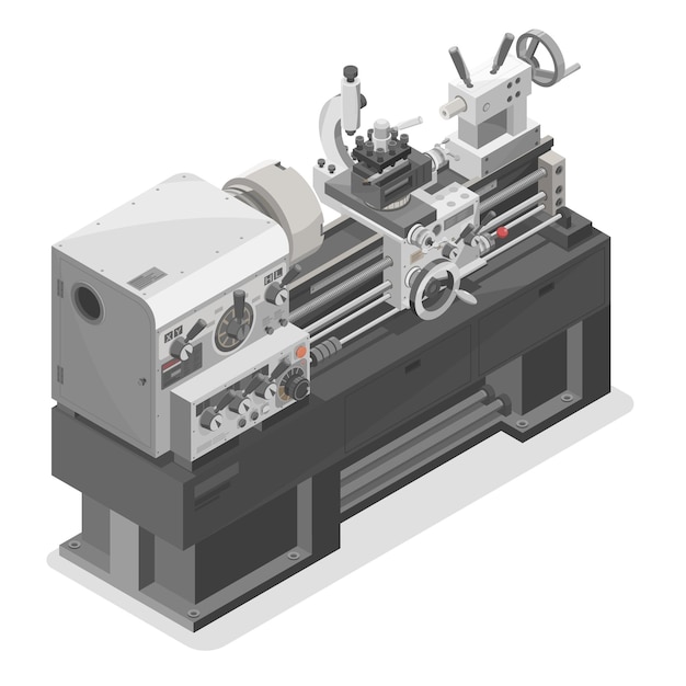 Vetor conceito gráfico de manutenção de máquinas de torno mecânico para serviço pesado trabalho de máquinas industriais isométricas