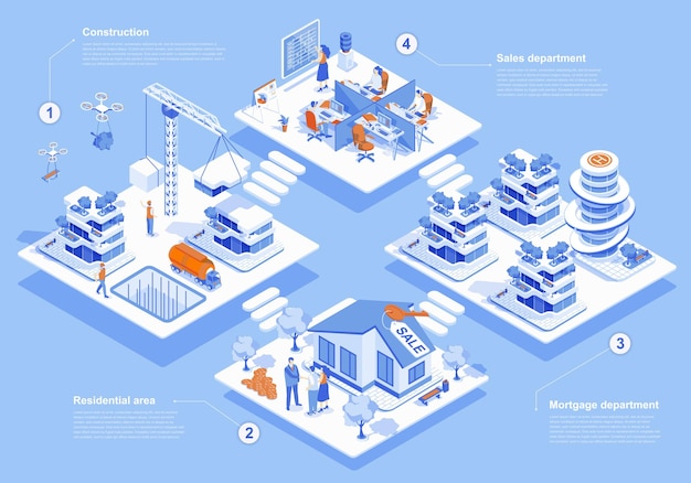 Conceito imobiliário cena 3d isométrica da web com infográfico pessoas que trabalham em vendas de construção e clientes de departamentos de hipotecas que compram novas casas ilustração vetorial em design gráfico de isometria