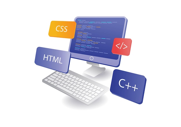 Vetor conceito infográfico de informação multilíngue de programador no ecrã do computador