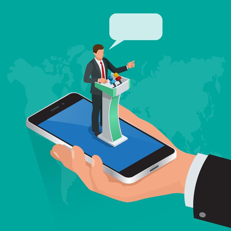 Conceito isométrico Comunicação pela Internet, educação de treinamento on-line de webinar, palestras on-line profissionais. Estilo plano. Mensagens, conversas por vídeo, bate-papo em conferência, ensino à distância