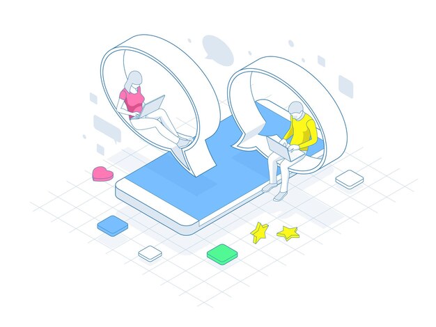 Conceito isométrico de comunicação digital de rede de mídia social conversando Ícones de aplicativos de homens e mulheres de bate-papo on-line Notificação de mensagens de bate-papo no smartphone