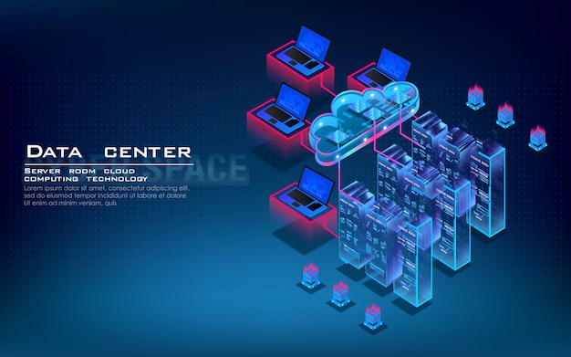 Conceito isométrico de data center e computação em nuvem dados em nuvem para armazenamento e processamento de informações processo de centro de processamento de servidor de trabalho e cálculo de dados por meio de hospedagem na web