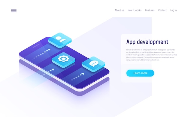 Vetor conceito isométrico de desenvolvimento de aplicativo móvel.