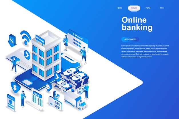Conceito isométrico de design plano moderno de banca on-line.