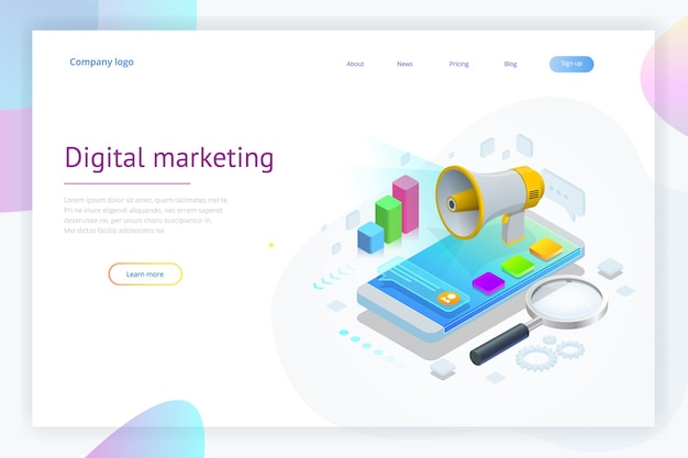 Conceito isométrico de gestão de investimentos de estratégia de análise Investimento e finanças virtuais Comunicação e marketing digital