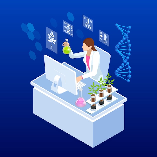 Conceito isométrico de laboratório explorando novos métodos de melhoramento de plantas e genética agrícola plantas crescendo nos tubos de ensaio