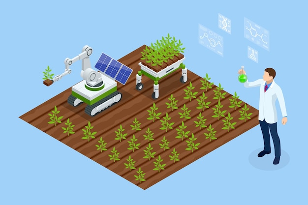 Conceito isométrico de laboratório explorando novos métodos de melhoramento de plantas e genética agrícola Plantas crescendo nos tubos de ensaio
