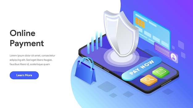 Conceito isométrico de pagamento on-line para landing page, página inicial, site