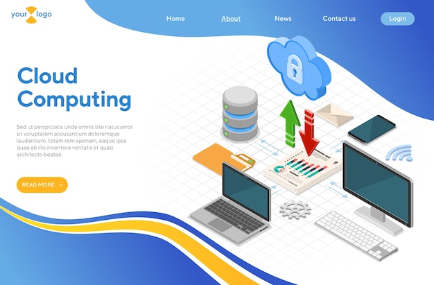 Conceito isométrico de tecnologia de computação em nuvem com computador, laptop, smartphone, banco de dados e ícones de seta. servidor de armazenamento em nuvem de segurança. modelo de página de destino. isolado