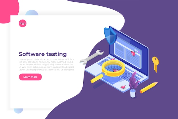 Conceito isométrico de teste de software ou aplicativo. Processo de desenvolvimento de depuração.