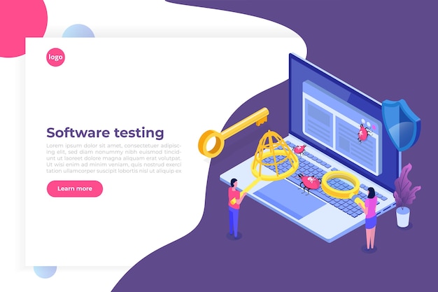 Conceito isométrico de teste de software ou aplicativo. processo de desenvolvimento de depuração.