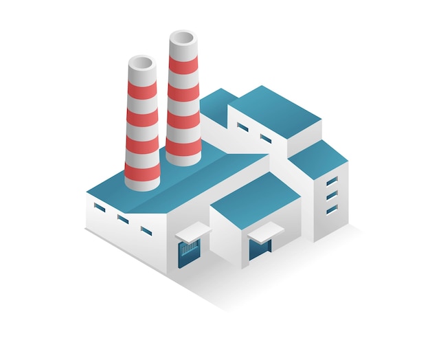 Conceito isométrico plano 3d ilustração minimalista fábrica de construção industrial e chaminé