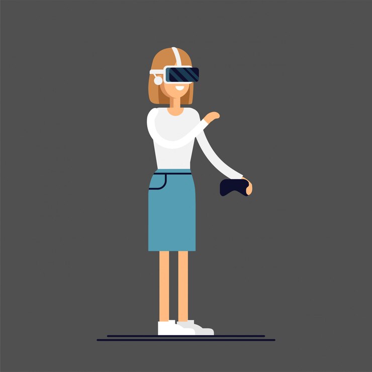 Vetor conceito legal no fone de ouvido de realidade virtual em uso. a menina experimenta imersão total na realidade virtual, tentando tocar objetos não-físicos. personagem de mulher, desfrutando de dispositivo vr
