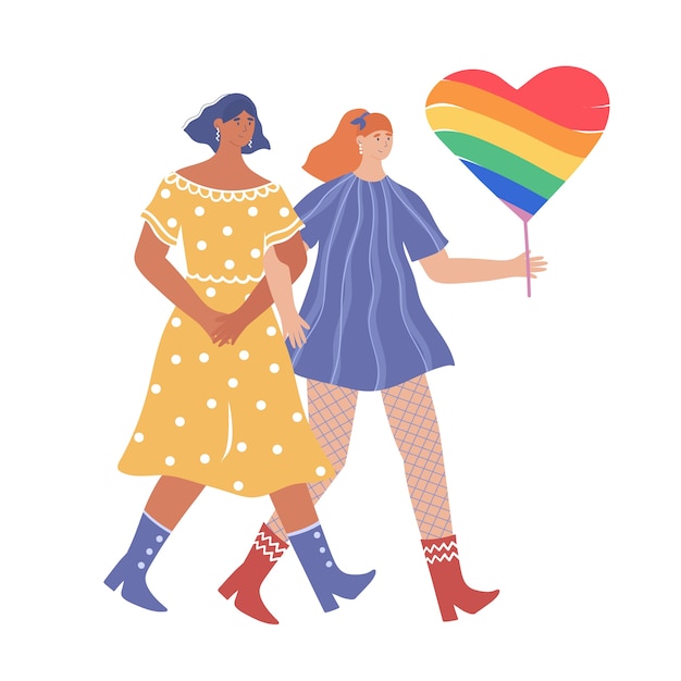 Conceito LGBT. Duas lésbicas apaixonadas participam de uma parada de orgulho.