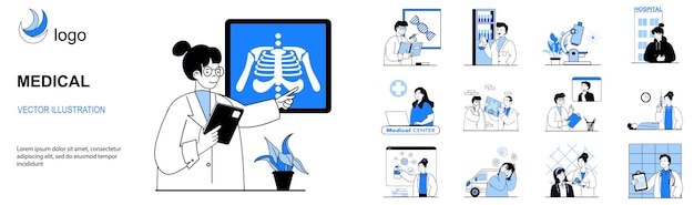 Vetor conceito médico com coleção de situações de caráter pacote de cenas pessoas trabalhando como médicos e enfermeiros fazendo testes de laboratório consultando pacientes no hospital ilustrações vetoriais em web design plano