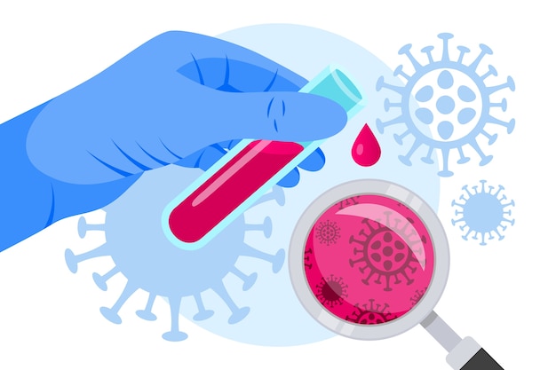 Vetor conceito médico de teste de sangue de coronavírus. tubo de ensaio de vidro plano, frasco na mão do médico, gota de sangue, lupa em branco. análises de vírus corona 2019-ncov. ilustração