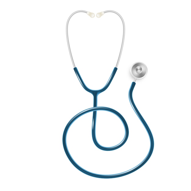 Conceito médico e dos cuidados médicos, o estetoscópio do doutor isolado no fundo branco.