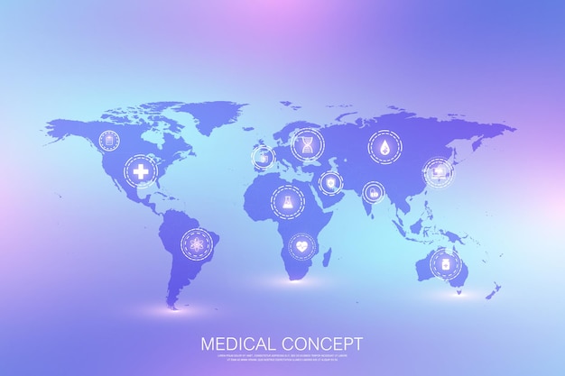 Conceito médico Internet das coisas (IoT) e fundo de produtos farmacêuticos. Comércio mundial de preparações farmacêuticas, negócios farmacológicos, indústria farmacêutica. Ícones médicos da IOT.
