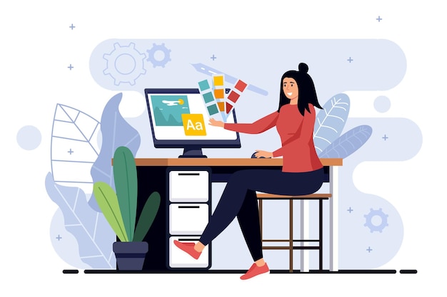 Conceito minimalista de estúdio de design com cena de pessoas no design de desenhos animados planos Trabalhos de designer