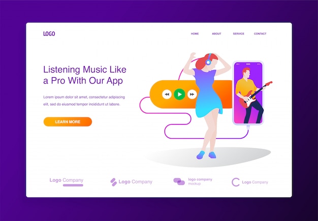 Vetor conceito moderno design plano de aplicação de player de música on-line para o site, página de destino