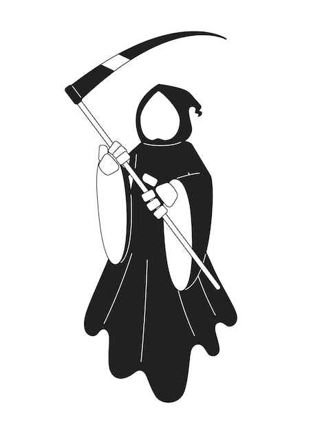 Conceito monocromático de morte de halloween ilustração local do vetor ceifador segurando foice 2d personagem de desenho animado bw plano para web ui design espírito helloween cosplay isolado imagem de herói desenhada à mão editável