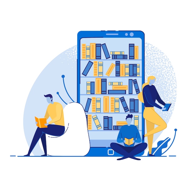 Conceito móvel em linha da biblioteca, livros de leitura.