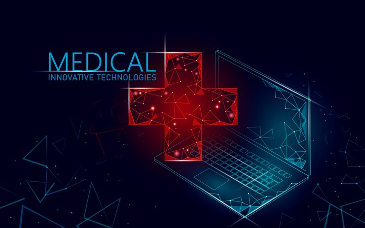 Vetor conceito on-line médico símbolo transversal médico. aplicativo de consulta médica. rede de hospital moderno geométrico de diagnóstico de saúde da web