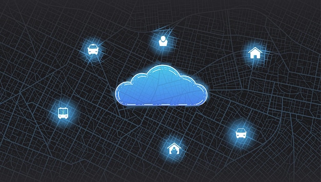 Conceito para dispositivos conectados compartilhamento de viagem serviço de localização faixas painel processamento de dados em nuvem