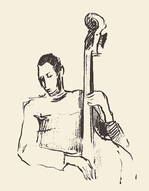 Conceito para pôster de jazz. homem tocando contrabaixo. ilustração desenhada à mão vintage, esboço.