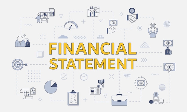 Conceito pessoal de negócios de declaração financeira com ícone definido com grande palavra ou texto no centro
