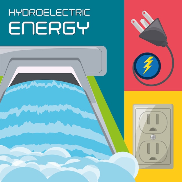 Vetor conceito plana gerador de energia hidrelétrica ícone energia, plug e conector de energia