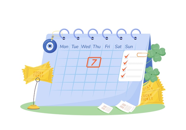 Conceito plano de terça-feira 7. calendário com bilhetes da sorte e composição de desenhos animados 2d talismãs da sorte para web design. crença supersticiosa, ideia criativa para o dia de sorte. símbolos de boa sorte