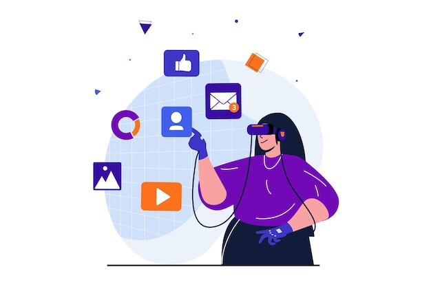 Conceito plano moderno ciberespaço para design de banner web Mulher no fone de ouvido VR trabalha no espaço de trabalho
