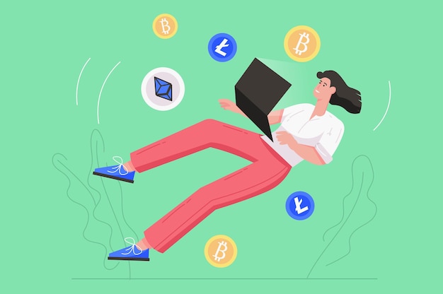 Conceito plano moderno de mineração de criptomoeda e criptomoeda. homem compra e vende bitcoins usando laptop, analisa dados financeiros e aumenta a renda. ilustração vetorial com cena de pessoas para design de banner web