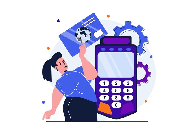 Conceito plano moderno de pagamento online para design de banner web Mulher paga por compras com cartão de crédito