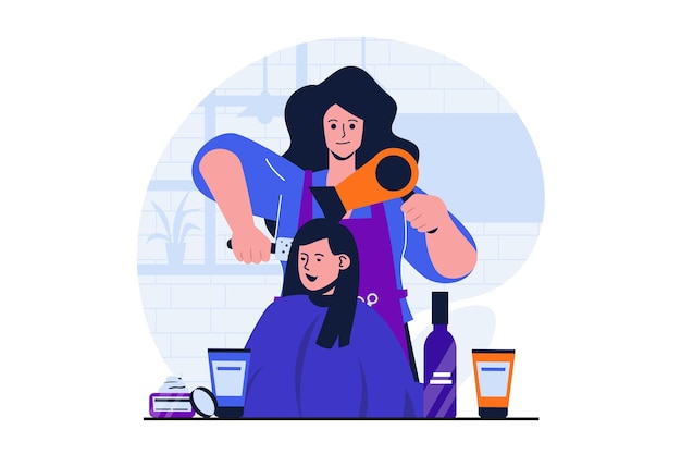 Vetor conceito plano moderno de salão de beleza para design de banner web cabeleireiro seca o cabelo com secador de cabelo