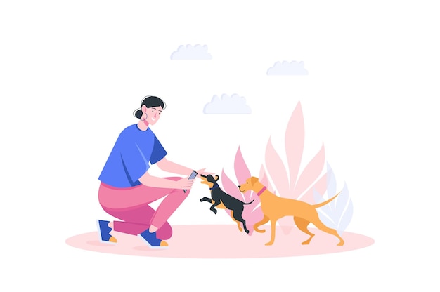Conceito Sente-se em gadgets com cena de pessoas em design de desenho animado plano A mulher está brincando com cães